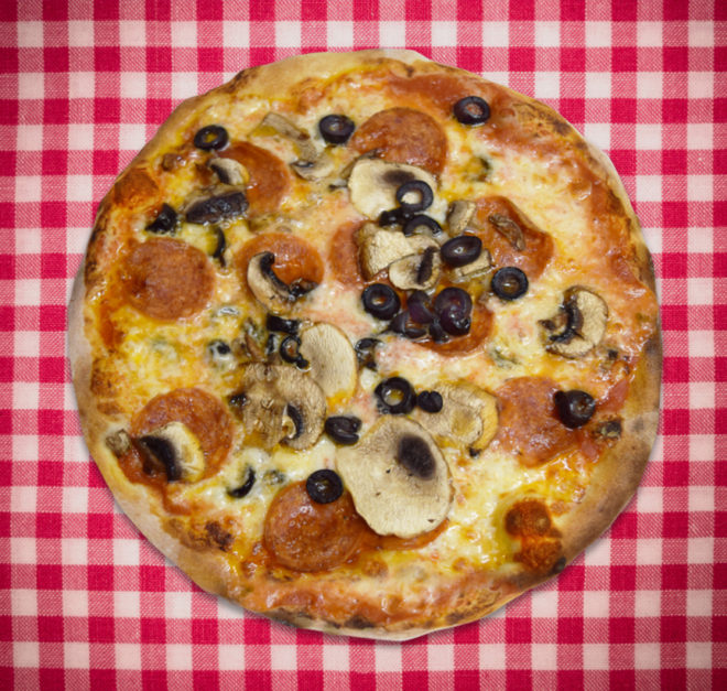 Pepperoni, Black olives and Mushrooms